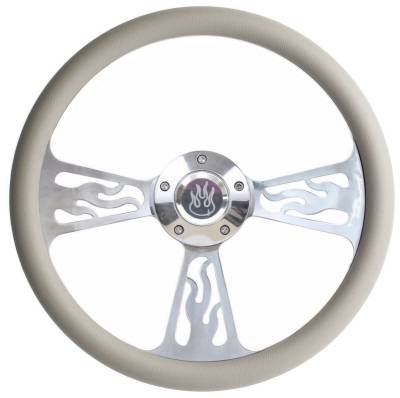 Forever Sharp Steering Wheels - 14" Polished Billet Flamed Steering Wheel w/Your Choice of Horn and Half-Wrap
