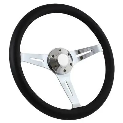 15" Black Leather & Chrome Steering Wheel - Aviator Style - Full Install Kit thumbnail 5