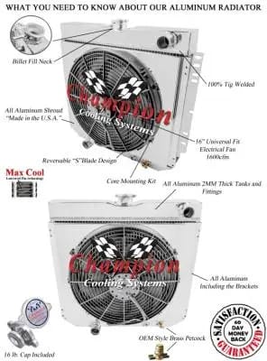 Champion Four Row All Aluminum Radiator Combo for Mustang, Falcon, Cougar, Fairlane, Comet Various Years mc339combo thumbnail 2