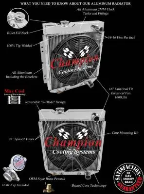Four Row Aluminum Radiator Full Combo for 60-66 Ford Ranchero, Falcon, Mustang. Econoline, Comet & Model T FSMC259 thumbnail 4