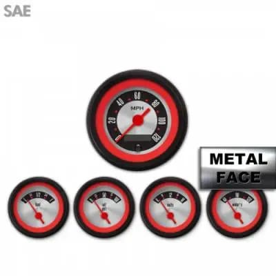 Assembled 5 Gauge Set - American Retro Rodder ~ Red Ring Face, Red Vintage Needles, Black Bezels