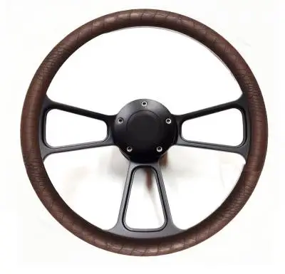 14" Black Billet Muscle Style Steering Wheel w/Your Choice of Horn and Half-Wrap thumbnail 2