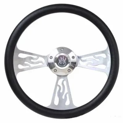 14" Polished Billet Flamed Steering Wheel w/Your Choice of Horn and Half-Wrap thumbnail 2