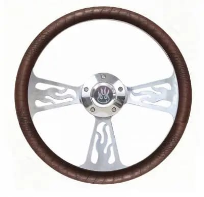 14" Polished Billet Flamed Steering Wheel w/Your Choice of Horn and Half-Wrap thumbnail 3