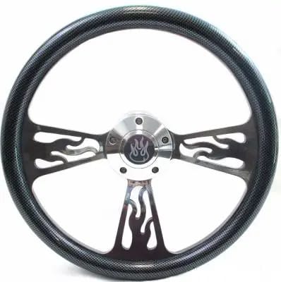 14" Polished Billet Flamed Steering Wheel w/Your Choice of Horn and Half-Wrap thumbnail 4