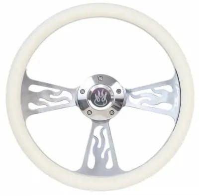 14" Polished Billet Flamed Steering Wheel w/Your Choice of Horn and Half-Wrap thumbnail 5
