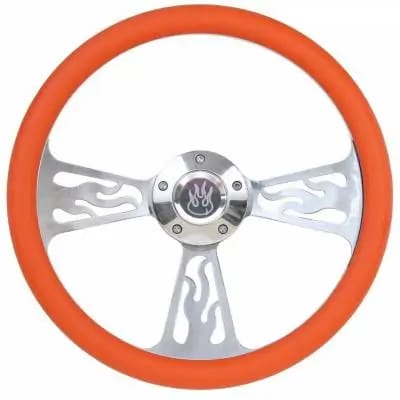14" Polished Billet Flamed Steering Wheel w/Your Choice of Horn and Half-Wrap thumbnail 6