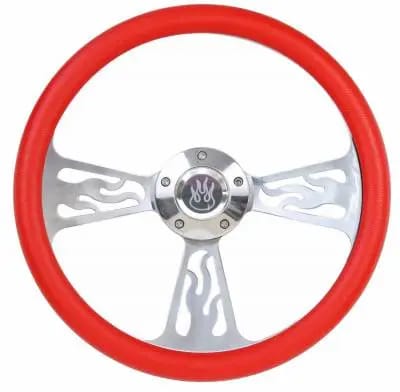 14" Polished Billet Flamed Steering Wheel w/Your Choice of Horn and Half-Wrap thumbnail 7