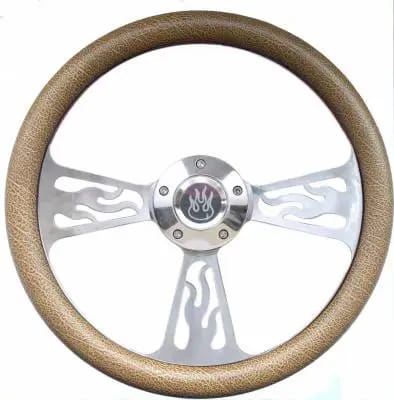 14" Polished Billet Flamed Steering Wheel w/Your Choice of Horn and Half-Wrap thumbnail 9