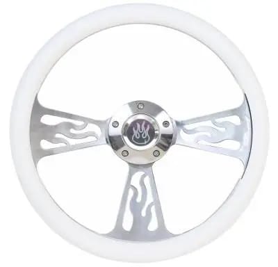 14" Polished Billet Flamed Steering Wheel w/Your Choice of Horn and Half-Wrap thumbnail 10