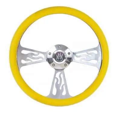 14" Polished Billet Flamed Steering Wheel w/Your Choice of Horn and Half-Wrap thumbnail 11