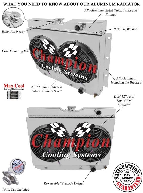 Champion Four Row Aluminum Radiator Combo for 1960-1965 GM Chevy Chevelle El Camino Impala Bel Air Biscayne FSMC281Combo