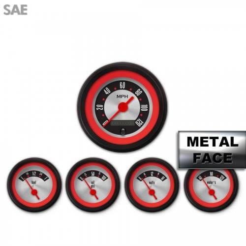 Assembled 5 Gauge Set - American Retro Rodder ~ Red Ring Face, Red Vintage Needles, Black Bezels