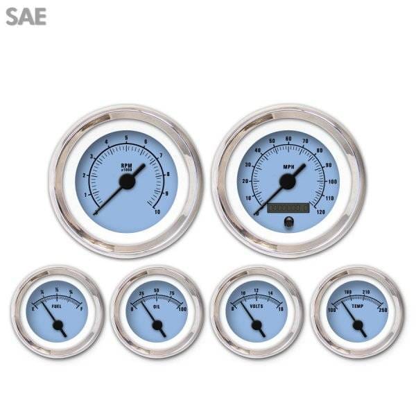 6 Gauge Set - SAE Rider Blue , Black Vintage Needles, Chrome Trim Rings ~ Style Kit Installed
