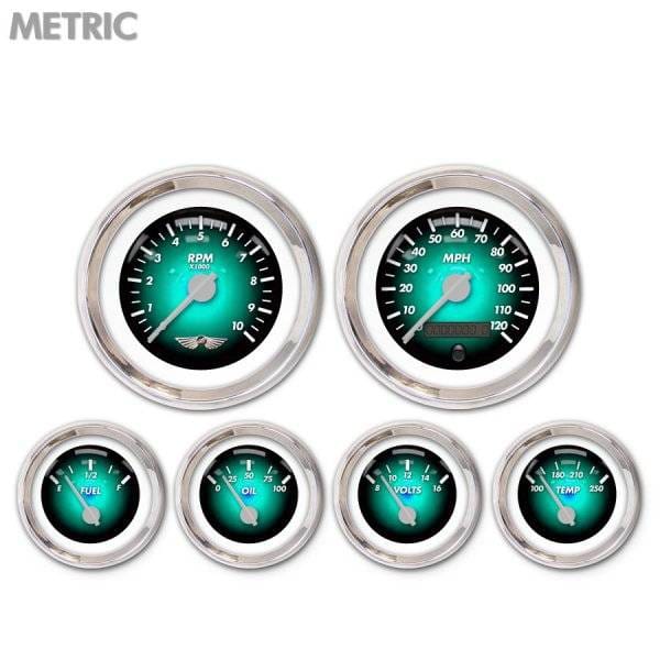 6 Gauge Set with emblem - Metric Pulsar Aqua, Silver Modern Needles, Chrome Trim Rings ~ Style Kit DIY Install