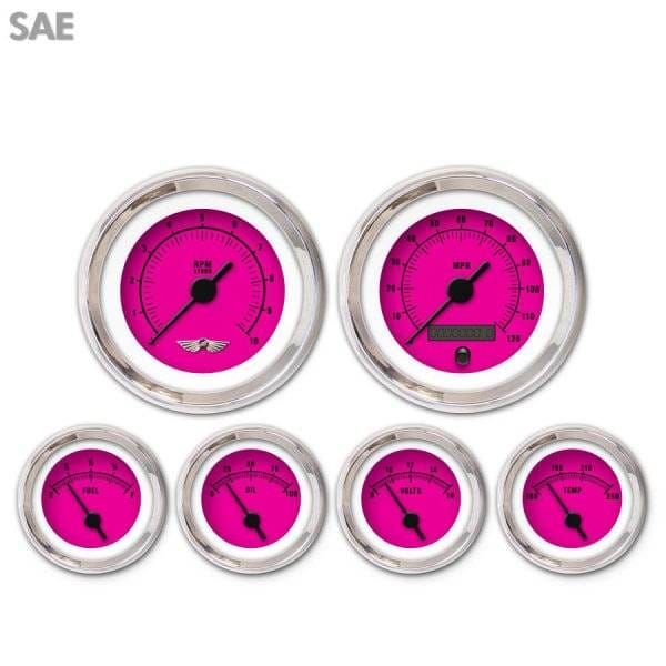 6 Gauge Set - SAE Rider Pink , Black Vintage Needles, Chrome Trim Rings ~ Style Kit Installed