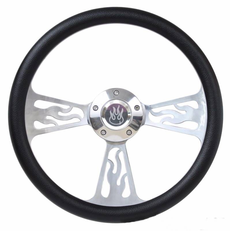 14" Polished Billet Flamed Steering Wheel w/Your Choice of Horn and Half-Wrap