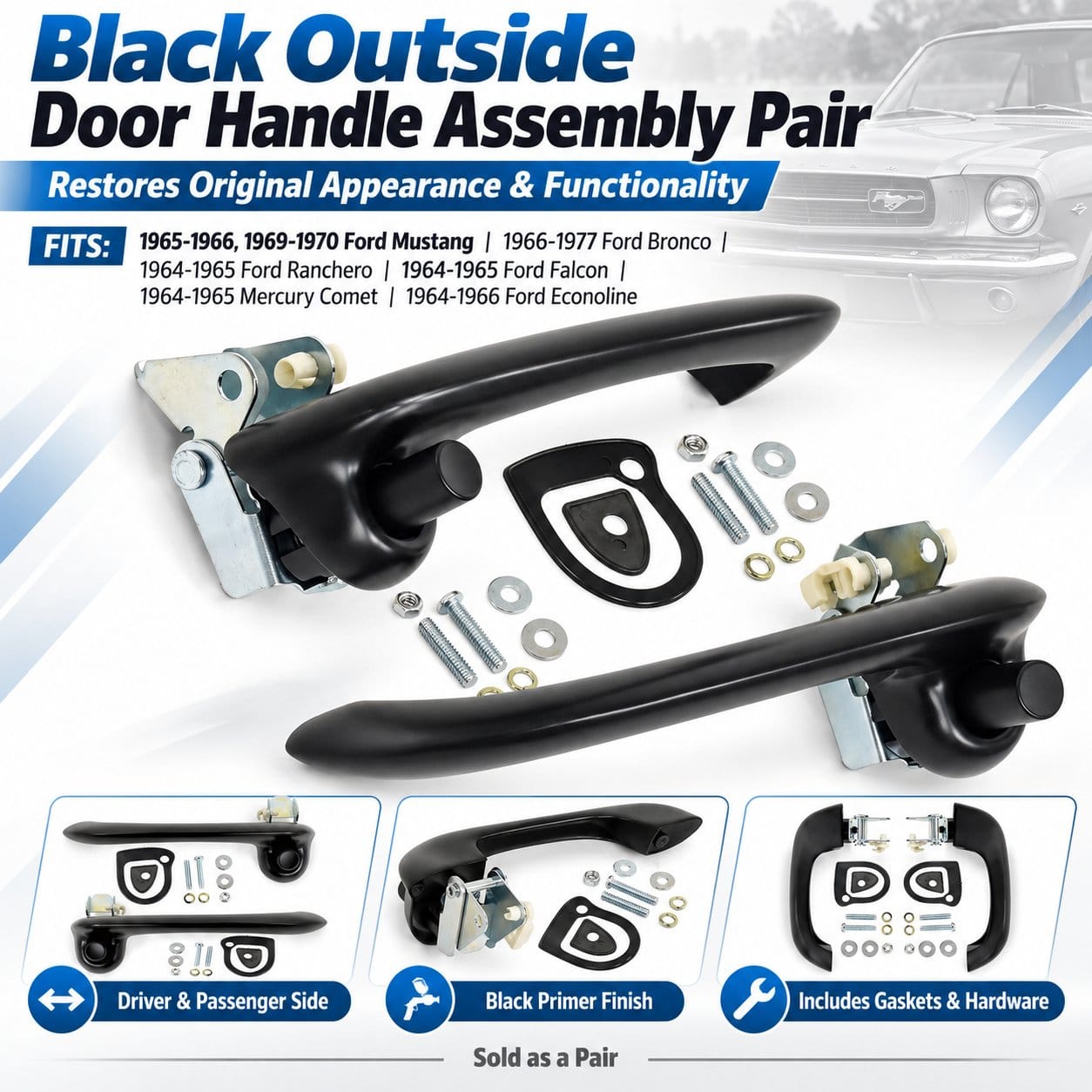Black Outside Door Handle Assembly Pair LH RH – 1964-1977 Ford Mustang Bronco Falcon Ranchero Econoline Mercury Comet