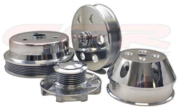 Serpentine Pulley Set for Small Block Chevy (Long Water Pump) 6 Groove Polished Billet Aluminum