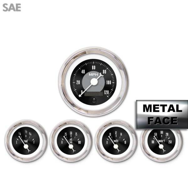 Assembled 5 Gauge Set - American Classic ~ Black Face, White Classic Needles, Chrome Bezels