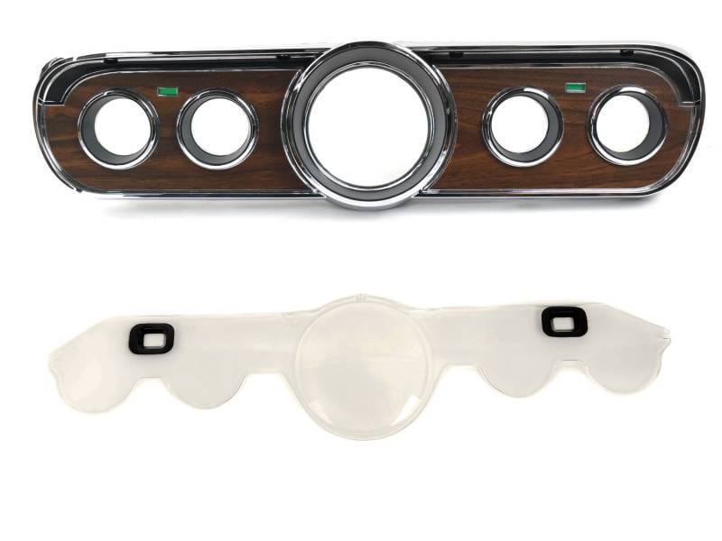 1964-66 Mustang Deluxe Metal-Backed Woodgrain Instrument Bezel + New Lens