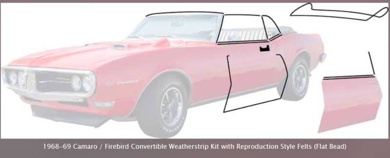 *R5103 - 1968 - 69 Camaro / Firebird Convertible Weatherstrip Kit with Reproduction Windowfelts (flat chrome bead)