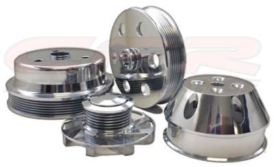 Serpentine Pulley Set for Small Block Chevy (Long Water Pump) 6 Groove Polished Billet Aluminum
