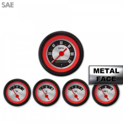 Assembled 5 Gauge Set - American Retro Rodder ~ Red Ring Face, Red Vintage Needles, Black Bezels