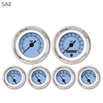 6 Gauge Set - SAE Rider Blue , Black Vintage Needles, Chrome Trim Rings ~ Style Kit Installed