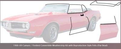 *R5103 - 1968 - 69 Camaro / Firebird Convertible Weatherstrip Kit with Reproduction Windowfelts (flat chrome bead)