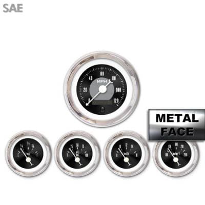 Assembled 5 Gauge Set - American Classic ~ Black Face, White Classic Needles, Chrome Bezels