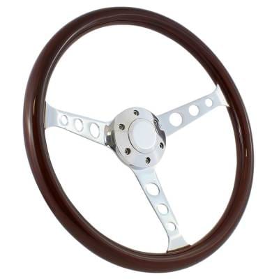 15" Mahogany & Chrome Steering Wheel - Classic 3-Spoke - Full Install Kit