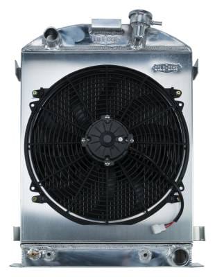 1932 Highboy Chevy Engine 25.5 Inch Aluminum Performance Radiator and 16 Inch Fan Kit Cold Case Radiators