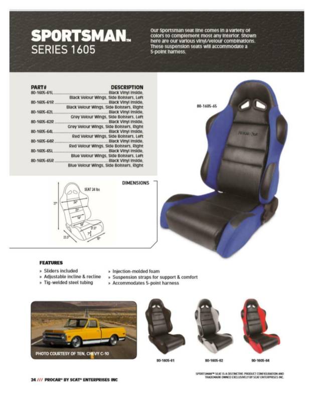 ProCar by Scat 80-1605-61R Sportsman Black Vinyl/Velour Right Racing Seat 