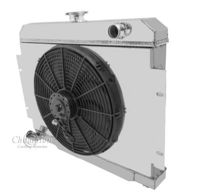 Champion Cooling Systems - Two Row Aluminum Radiator for Jeep CJ6, Includes Fan & Shroud