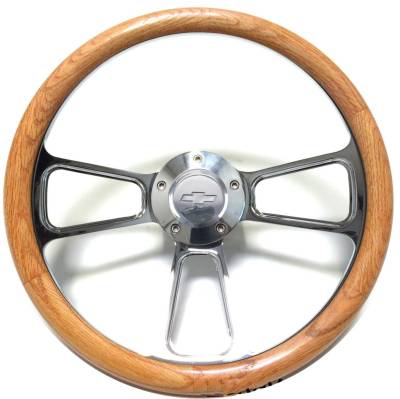 Forever Sharp Steering Wheels - 14" Polished Billet & Oak Chevy Steering Wheel Kit Includes Adapter & Chevy Horn Button