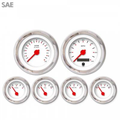 Aurora Instruments - 6 Gauge Set - SAE Pegged White , Red Modern Needles, Chrome Trim Rings ~ Style Kit Installed