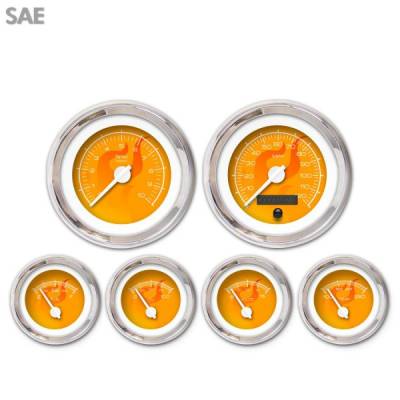 Aurora Instruments - 6 Gauge Set - SAE Ghost Flame Orange , White Modern Needles, Chrome Trim Rings ~ Style Kit Installed