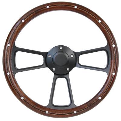 Forever Sharp Steering Wheels - 14" Black Muscle w/ Real Mahogany Wood Half-Wrap & Rivets VW Full Kit