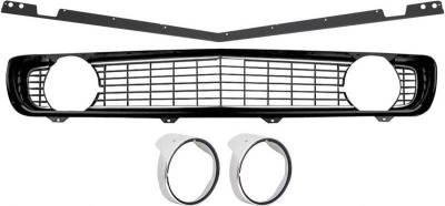 OER - R5028F - 1969 Camaro Restorer's Choice Standard Black Grill Kit with Headlamp Bezels with Chrome Ring