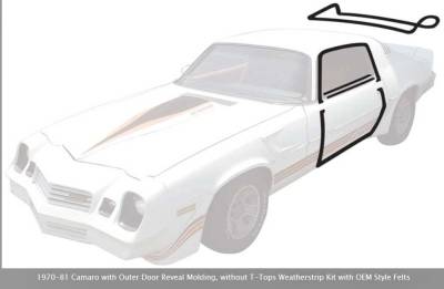 OER - *R5107 - 1970-81 Camaro with Outer Door Reveal Molding, without T-Tops Weatherstrip Kit with OEM Style Felts